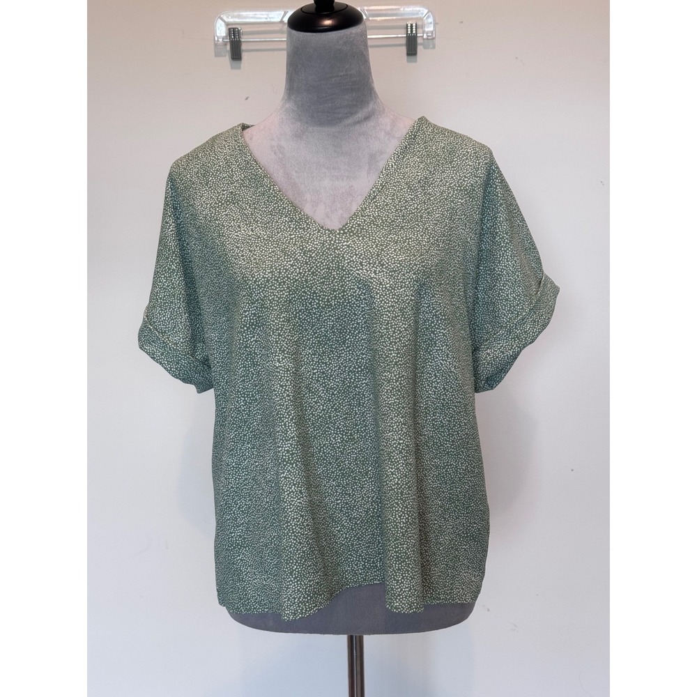 Melloday Womens Sage Green Speckled V-Neck Cuffed Short Sleeve Zipper Back Top L